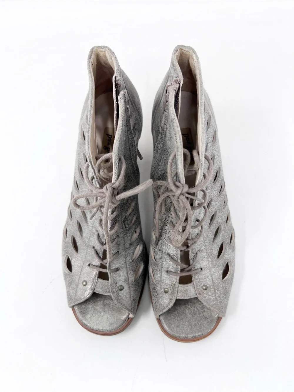 PAUL GREEN BALI LACE UP BOOTIE PEWTER GOLD METALLIC LASER CUT PEEP TOE  SZ 8